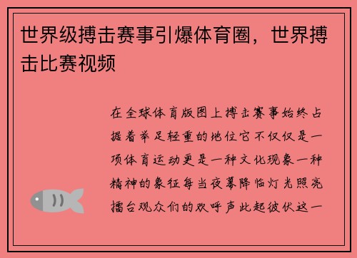 世界级搏击赛事引爆体育圈，世界搏击比赛视频