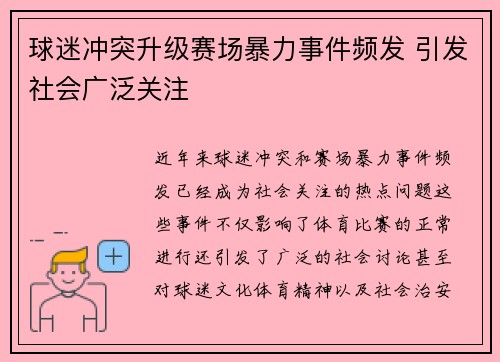 球迷冲突升级赛场暴力事件频发 引发社会广泛关注