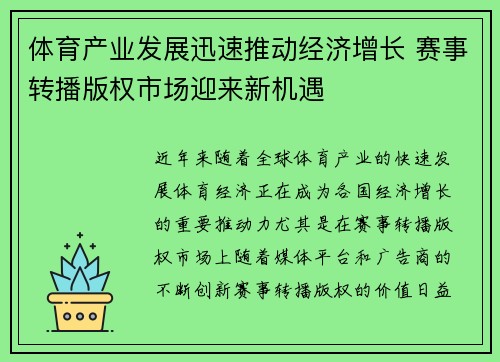 体育产业发展迅速推动经济增长 赛事转播版权市场迎来新机遇