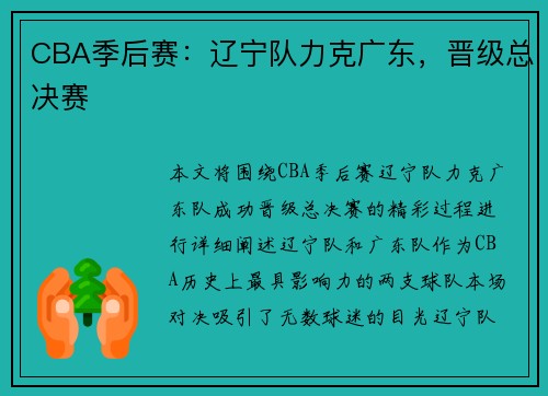 CBA季后赛：辽宁队力克广东，晋级总决赛