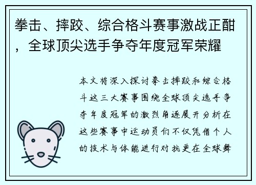 拳击、摔跤、综合格斗赛事激战正酣，全球顶尖选手争夺年度冠军荣耀